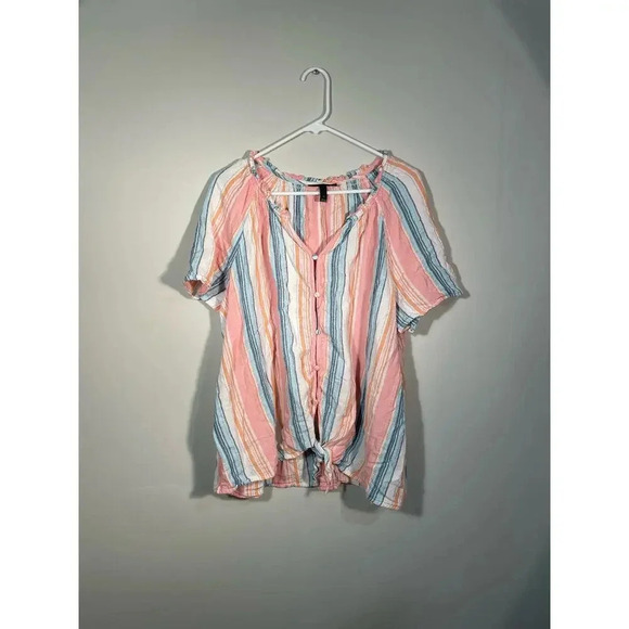 Lane Bryant Pink and Blue Striped Linen Blend Button Front Top - Picture 1 of 9